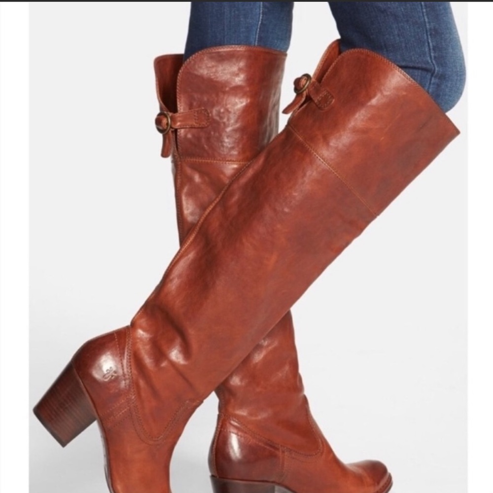 Frye Lucinda Cognac Belted Leather Knee High Boots